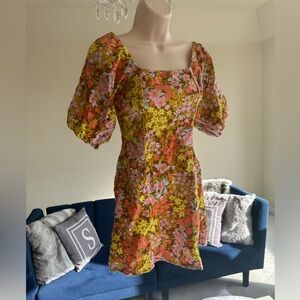 Billabong Paradise Retro Floral Cotton Linen Puff Short Sleeve Mini Dress Sz S